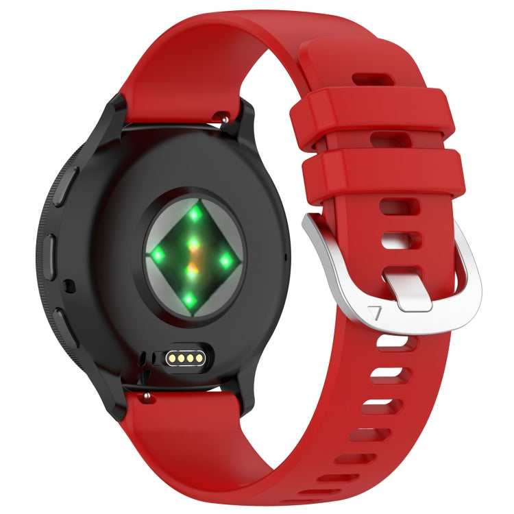 Red silicone watch band for Garmin Venu 3 with glossy silver buckle, showcasing its stylish design and comfortable fit.